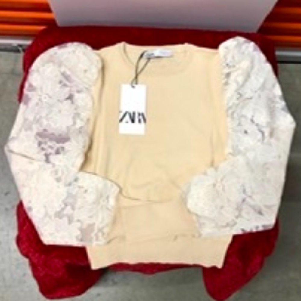 NWT ZARA Puffy Lace Sleeves Top Blouse, M